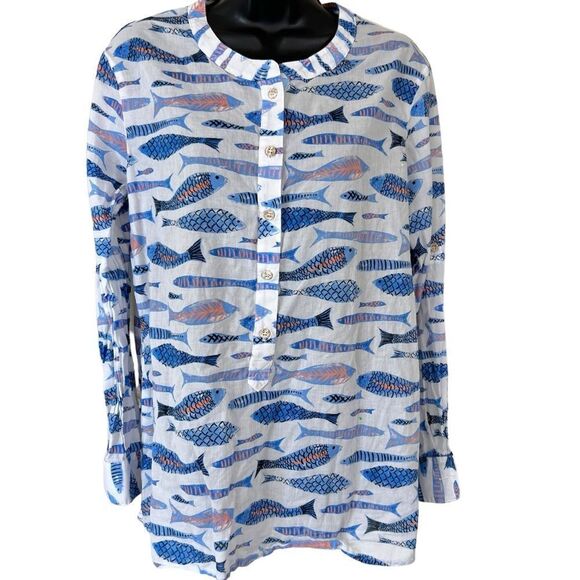 Persifor Fish Print Button Down Pop Over Blouse - Picture 1 of 8